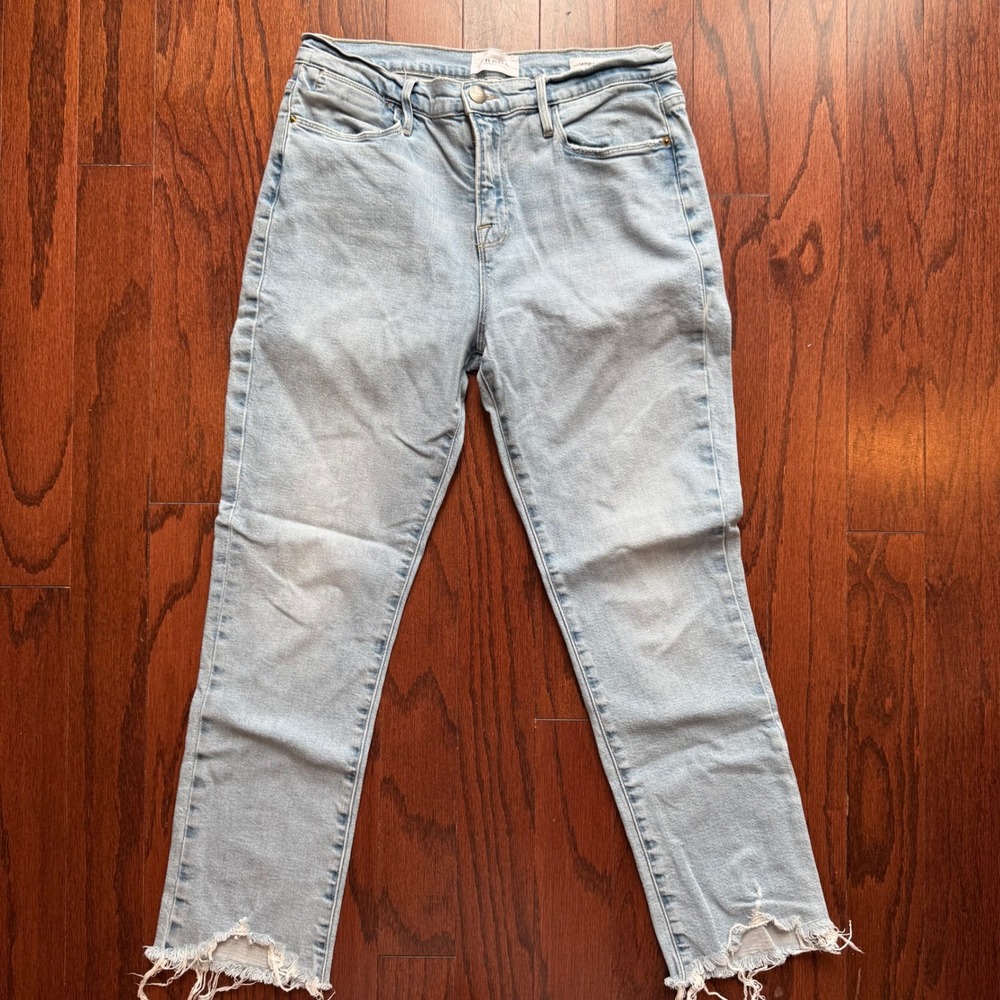 Frame Le High Straight Jeans Bathe Chew Light Wash Raw Hem 29 LHSTRA152